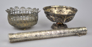 Appraisal: An Indian filigree bowl with floral chased centre an embossed