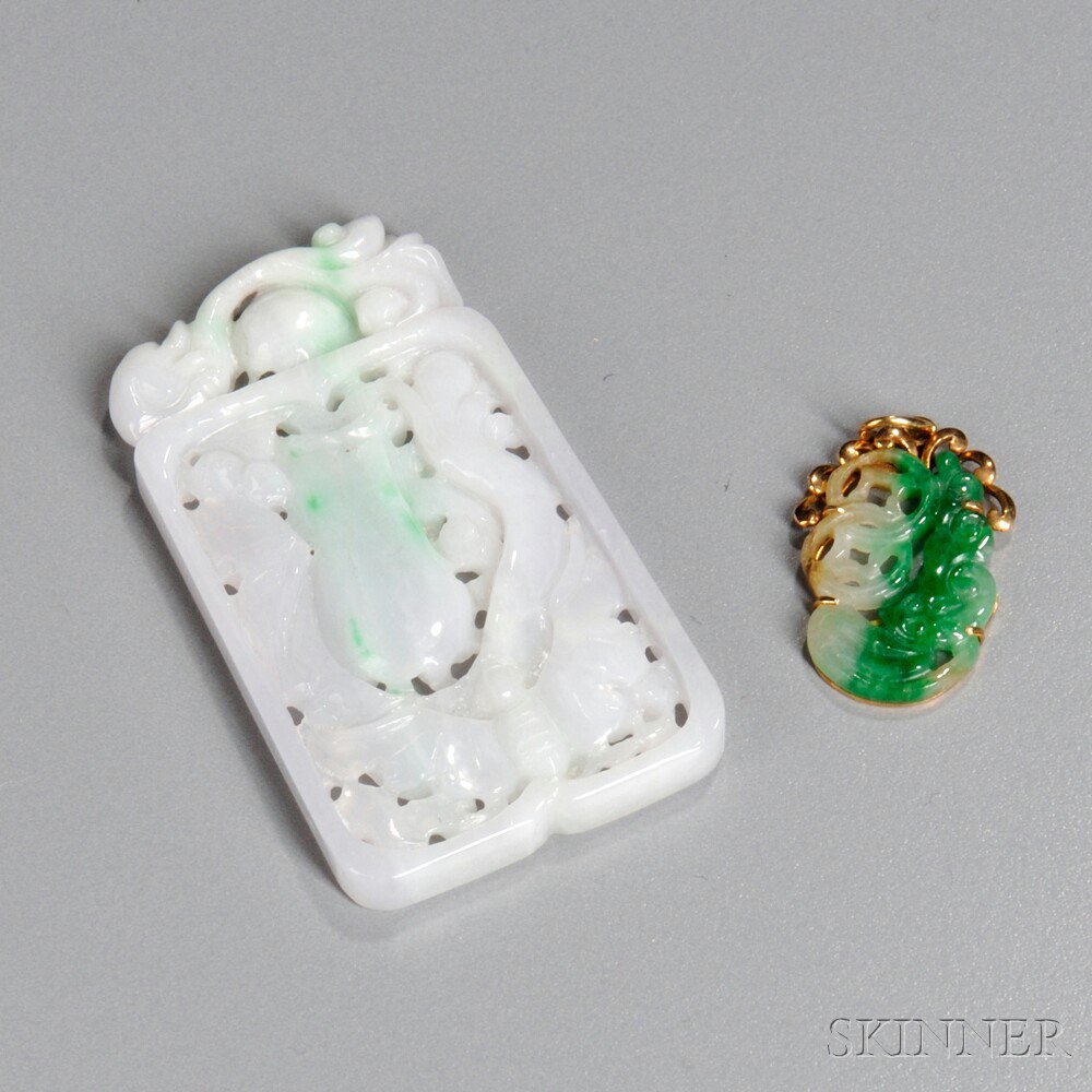 Appraisal: Two Jade Pendants China a rectangular fan-shape pendant with openwork