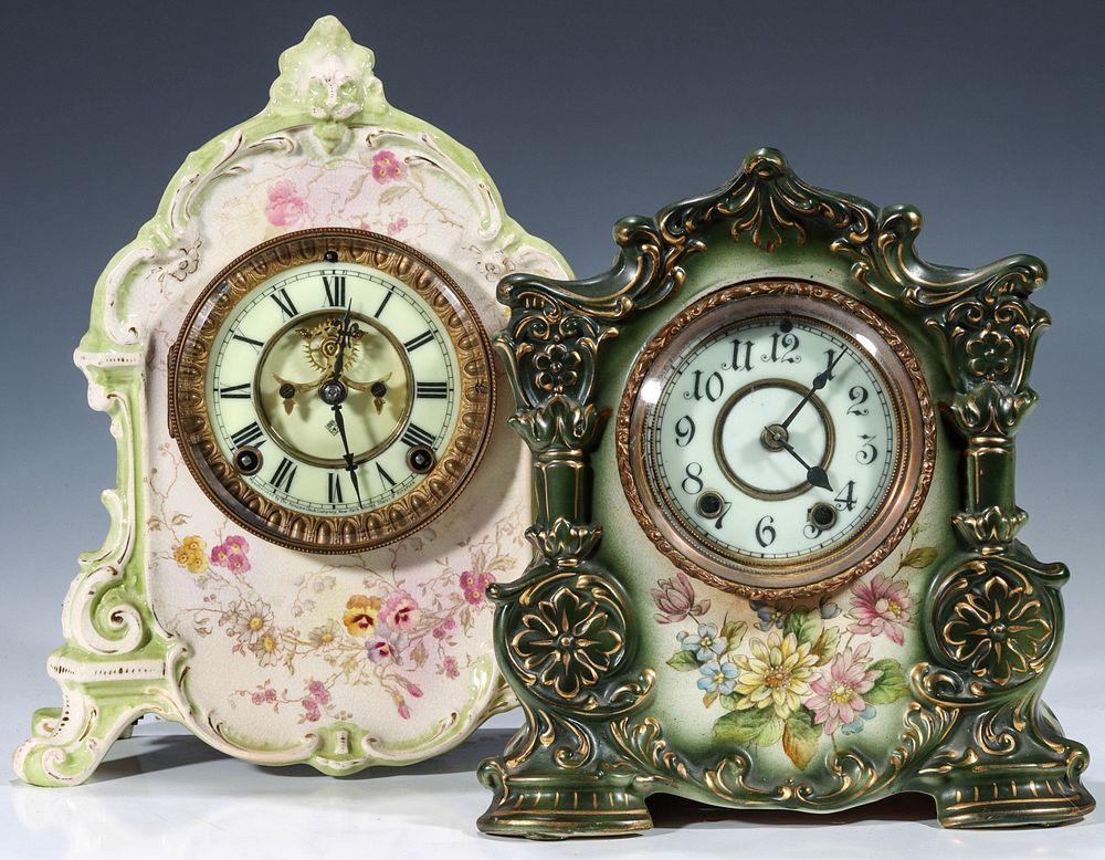 Appraisal: GREEN AND WHITE WATERBURY AND ANSONIA CHINA CLOCKS The taller