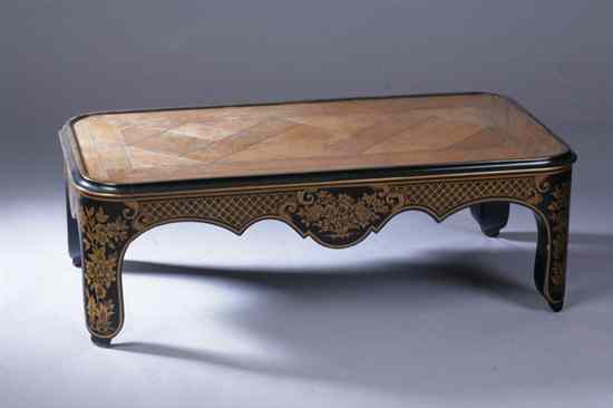 Appraisal: BAKER PAINTED AND PARQUETRY-INLAID GILT-DECORATED LOW TABLE late th century