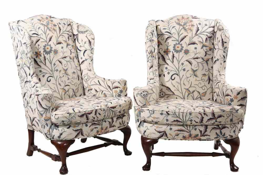 Appraisal: PAIR WINGCHAIRS - Pair of Custom Wingchairs in Queen Anne