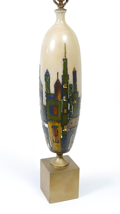 Appraisal: FANTONI CITYSCAPE PORCELAIN LAMP Hand painted porcelain body gold paint