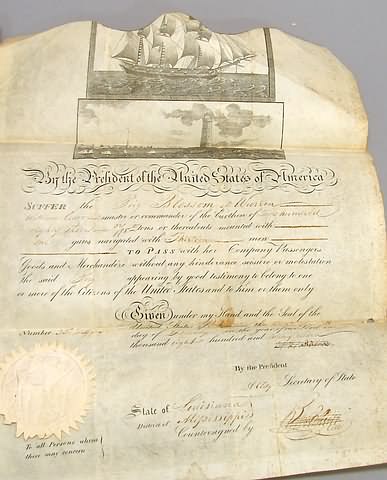 Appraisal: Ship's paper for the Brig Blossom of Warren William Carr