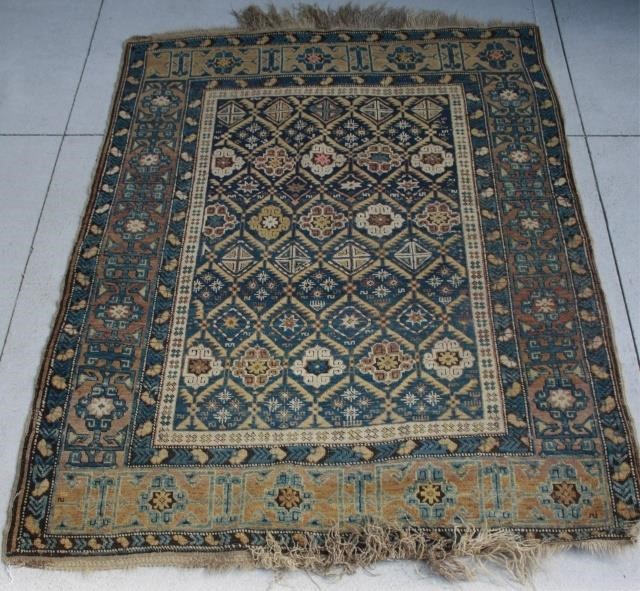 Appraisal: LATE TH CENTURY SHIRAZ SCATTER RUG UNUSUALBLUE BACKGROUND GEOMETRIC AND