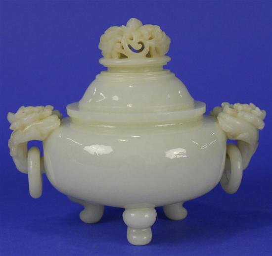 Appraisal: CHINESE CARVED WHITE JADE COVERED BOWL the body with animalistic