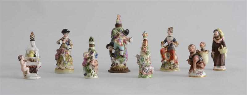 Appraisal: GROUP OF EIGHT ENGLISH PORCELAIN FIGURAL SCENT BOTTLES Variously modeled