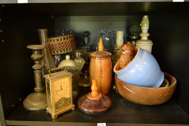 Appraisal: SHELF OF CAST IRON TEAPOTS CERAMICS WOODEN BOWLS