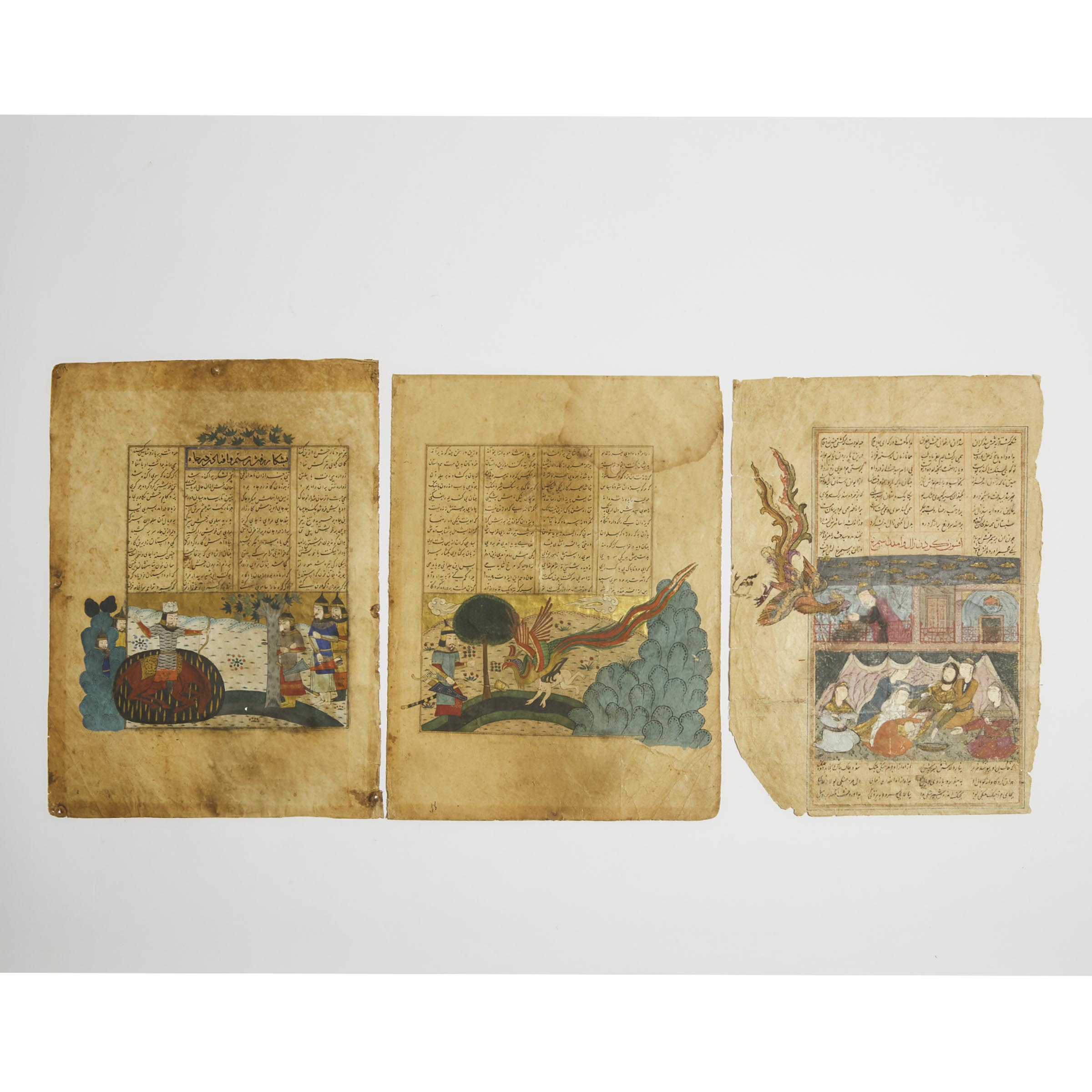 Appraisal: Three Illustrated and Illuminated Double-Sided Leaves from a Manuscript of