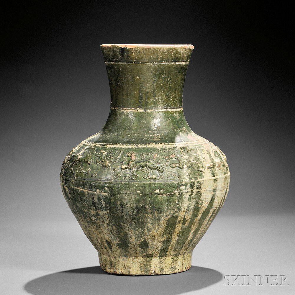 Appraisal: Green-glazed Pottery Vase China Han dynasty Hu-form with a band