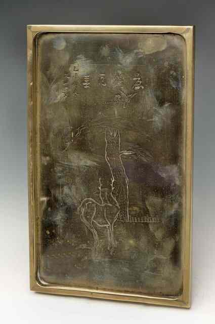 Appraisal: A CHINESE BRONZE PAKTONG RECTANGULAR SMALL TRAY engraved with deer