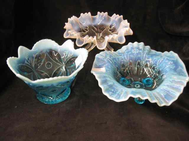 Appraisal: Opalescent Art Glass Bowls two blue and one white largest