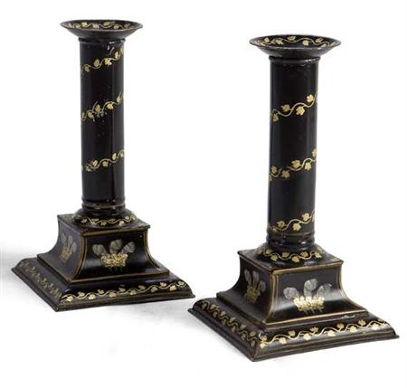 Appraisal: A pair of Regency toleware candlesticks decorated with gilt leafy