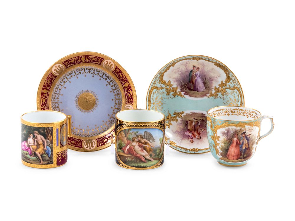 Appraisal: Three Continental Painted Porcelain Cups with Two Saucers Three Continental