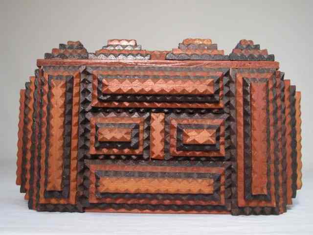 Appraisal: Tramp art tea caddy style box Carved wood layering decoration