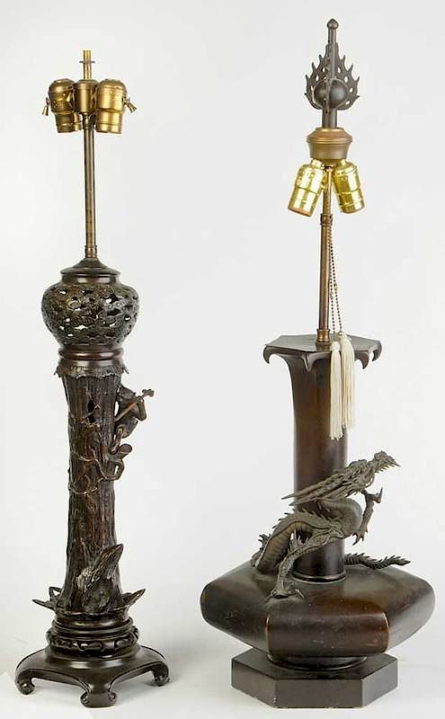 Appraisal: Two Asian Patinated Bronze Lamps late th th century double