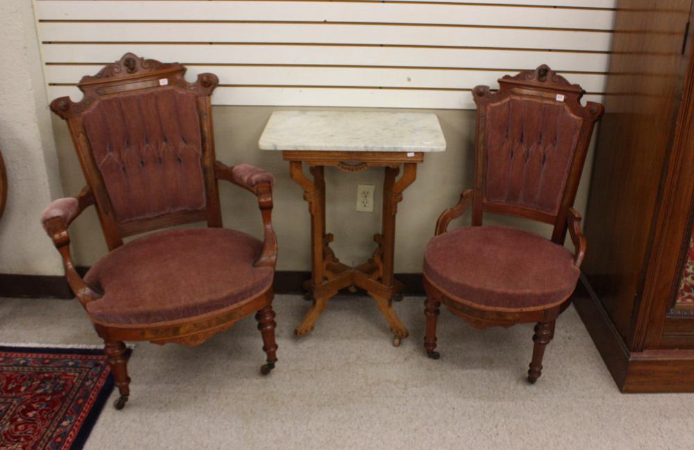 Appraisal: TWO VICTORIAN CHAIRS MARBLE-TOP LAMP TABLE Eastlake Louis XV substyles