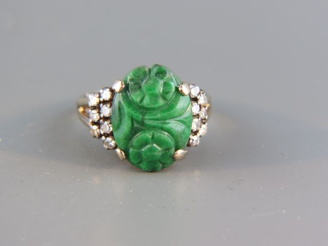 Appraisal: Chinese Carved Jade Diamond Ring oval floral cabochon with diamonds