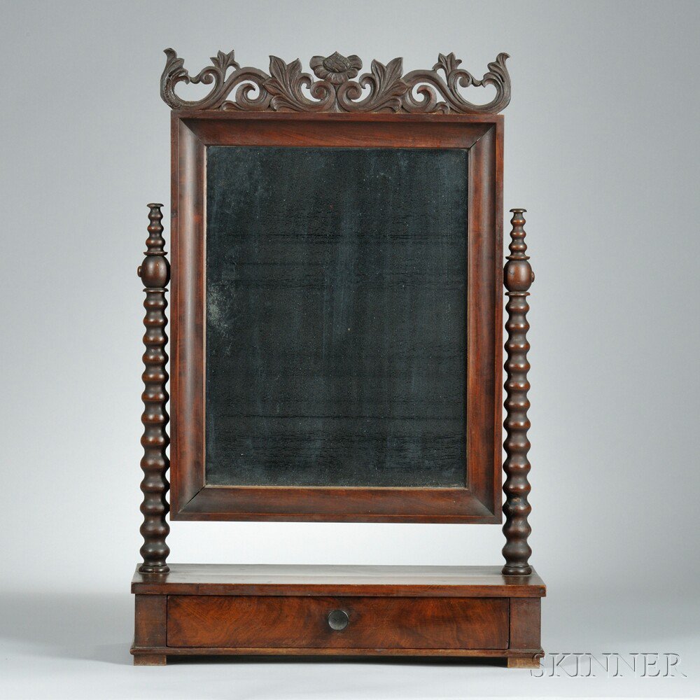 Appraisal: Late Classical Carved Mahogany Shaving Mirror America mid- th century