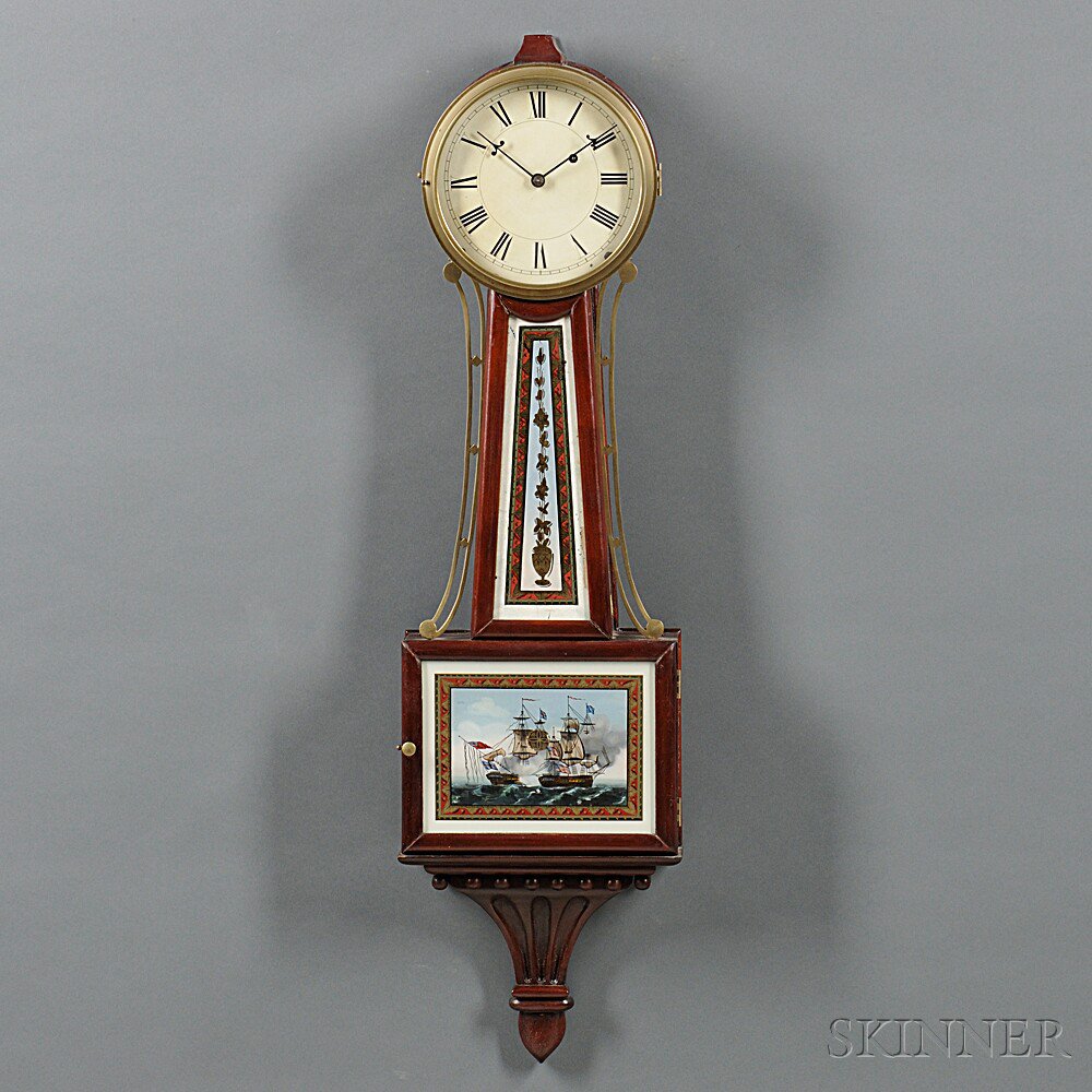 Appraisal: Mahogany Patent Timepiece or Banjo Clock Massachusetts c with painted