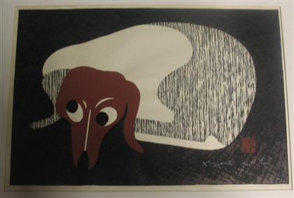 Appraisal: C KIYOSHI SAITO japanese - two color woodcuts DACHSUND x