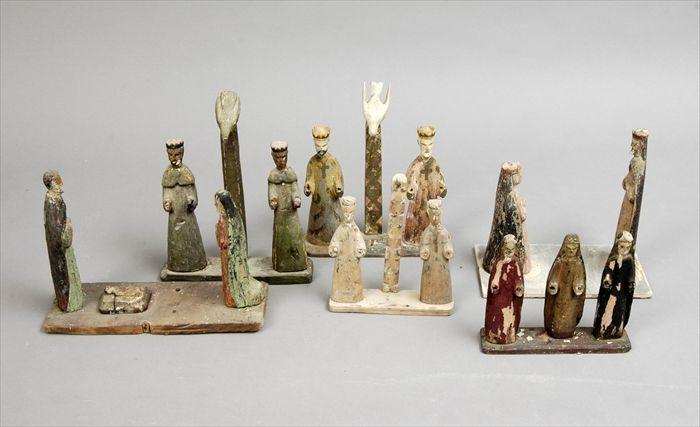 Appraisal: Six Polychrome Carved Wood Santos Figure Groups to in Provenance