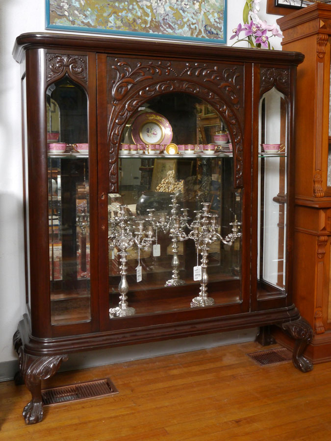 Appraisal: ENGLISH CARVED MAHOGANY DISPLAY CABINET Front with carved foliate scroll