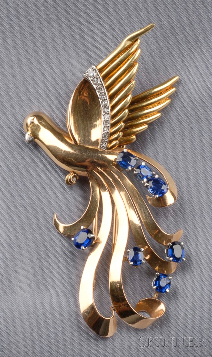 Appraisal: kt Gold Sapphire and Diamond Bird Brooch France with scrolling