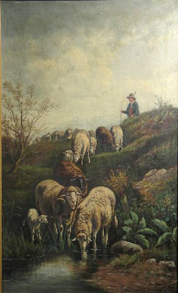 Appraisal: G Milone Italian A shepherd with his flock at water's