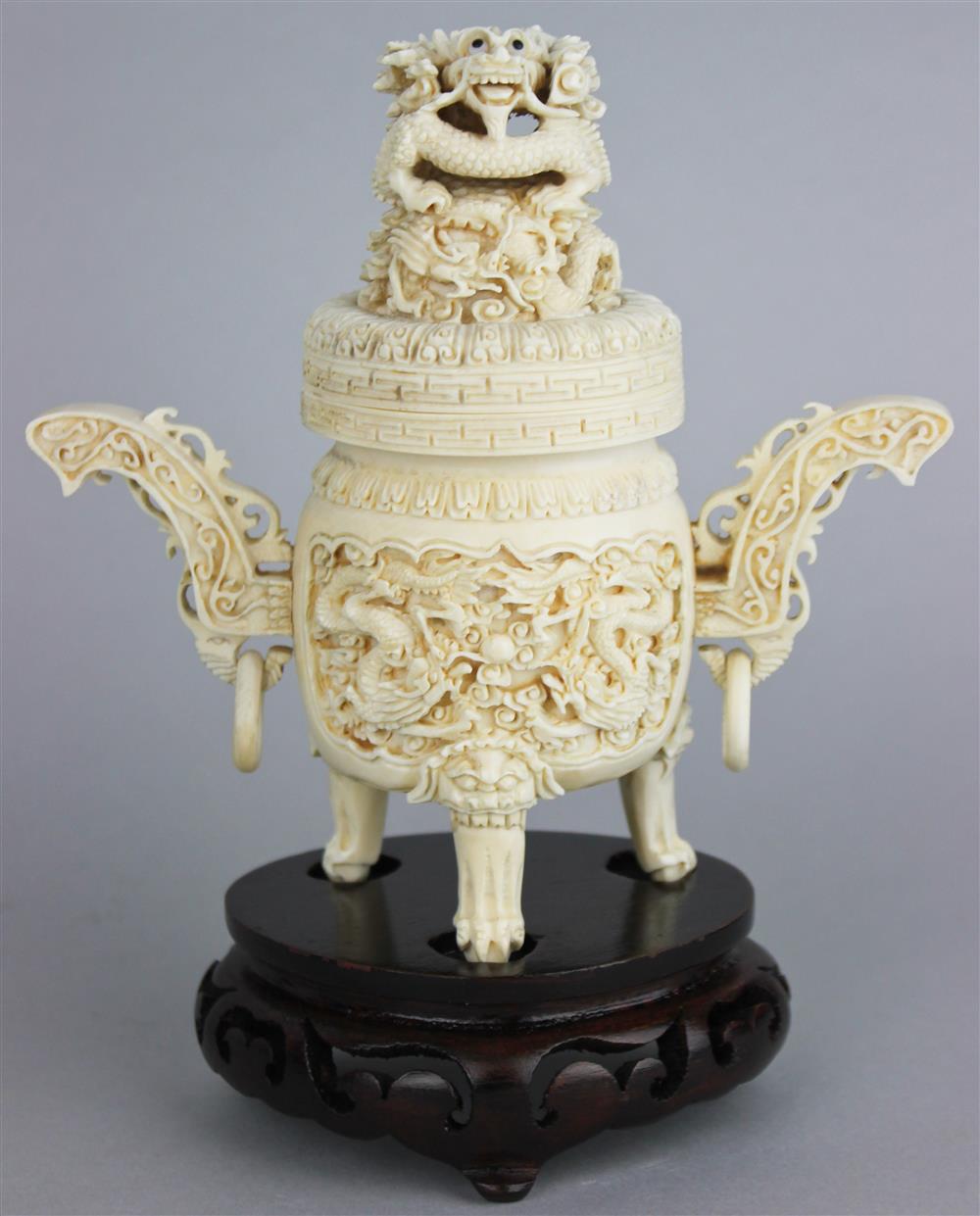 Appraisal: CHINESE CARVED IVORY CENSER - h in in on stand