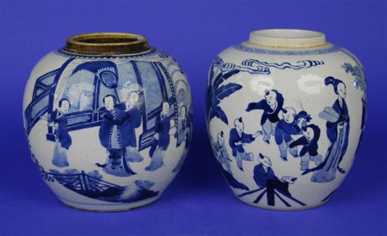 Appraisal: TWO CHINESE BLUE AND WHITE FIGURAL DECORATED GINGER JARS Kangxi