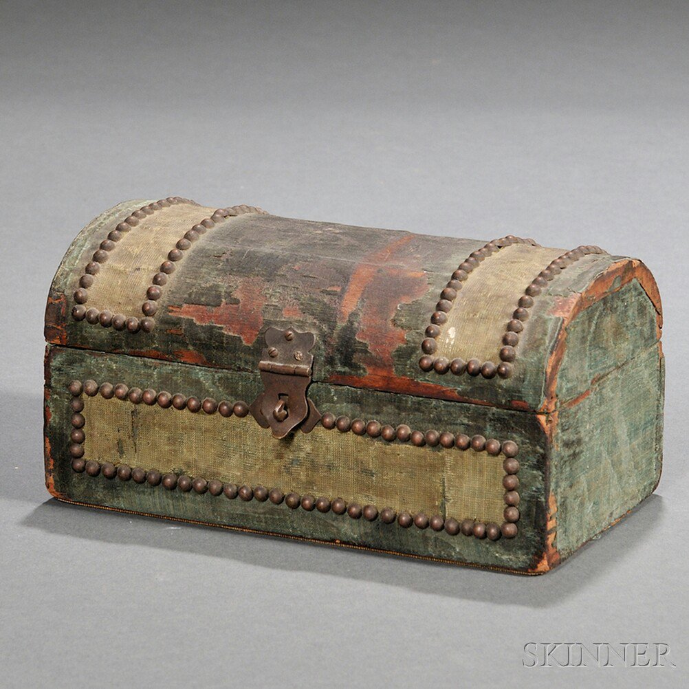 Appraisal: Small Silk-covered Dome-top Box th century the box covered in