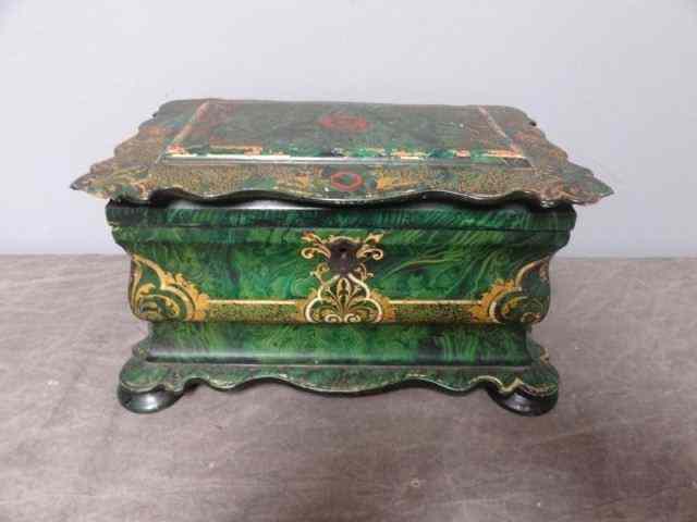 Appraisal: Rare Faux Malachite Papier Machier Tea Caddy With original painted