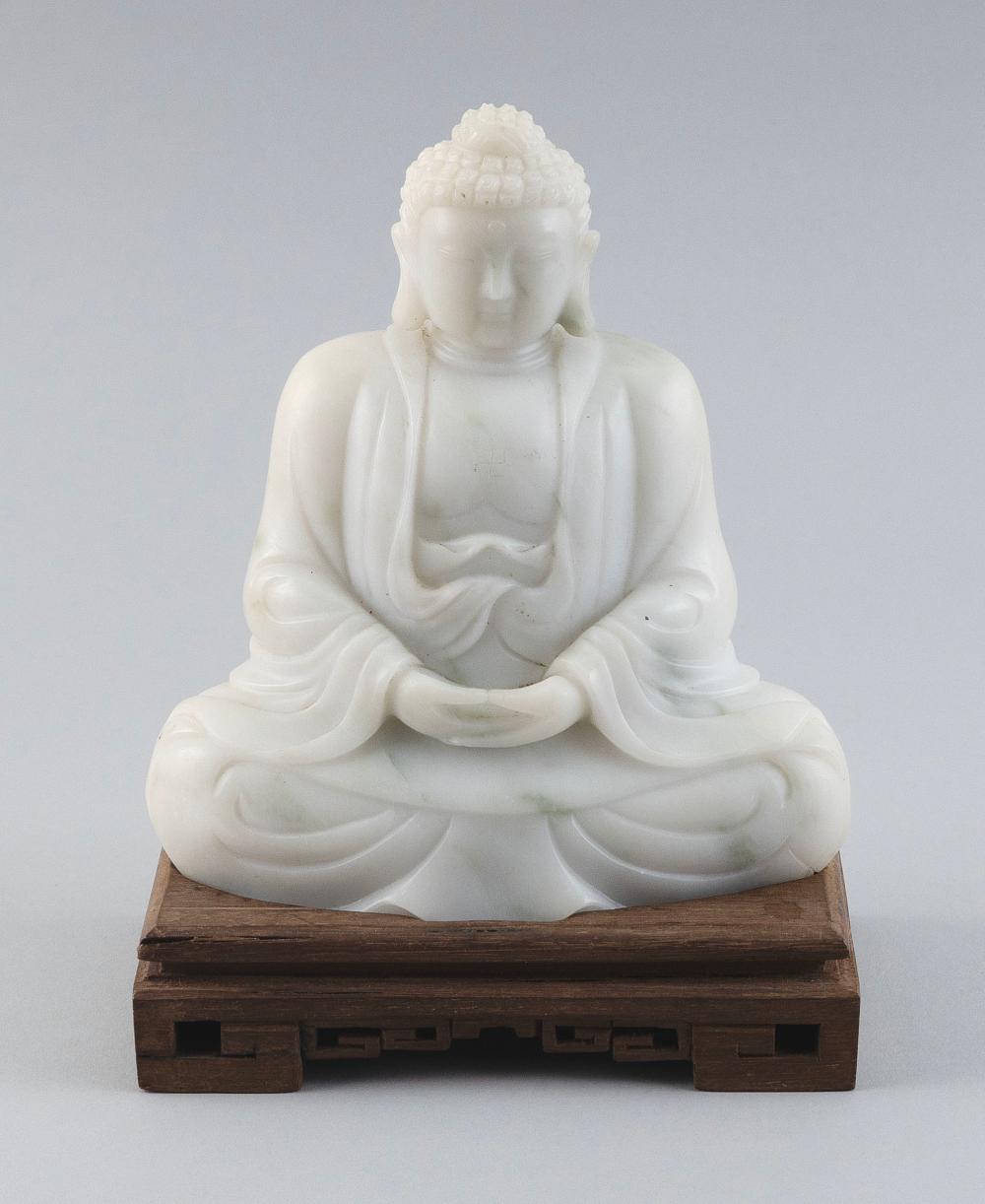 Appraisal: CARVED MOTTLED WHITE HARDSTONE FIGURE OF BUDDHA TH CENTURY HEIGHT