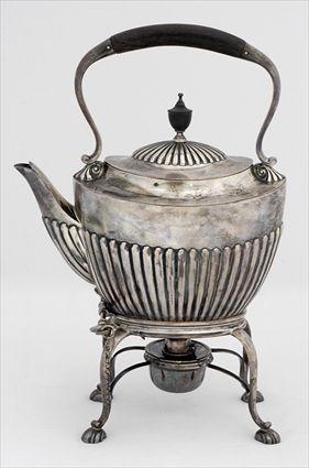 Appraisal: VICTORIAN SILVER KETTLE ON WARMING STAND Marks E H within