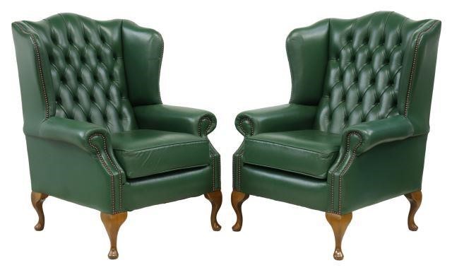 Appraisal: pair English Queen Anne style wingback armchairs th c green