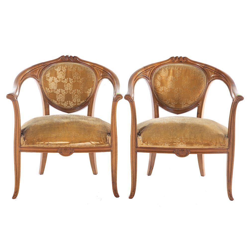 Appraisal: Pair French Art Nouveau Walnut Fauteuils Late th early th