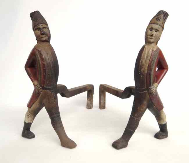 Appraisal: Pair th c cast iron polychrome painted Hessian andirons ''