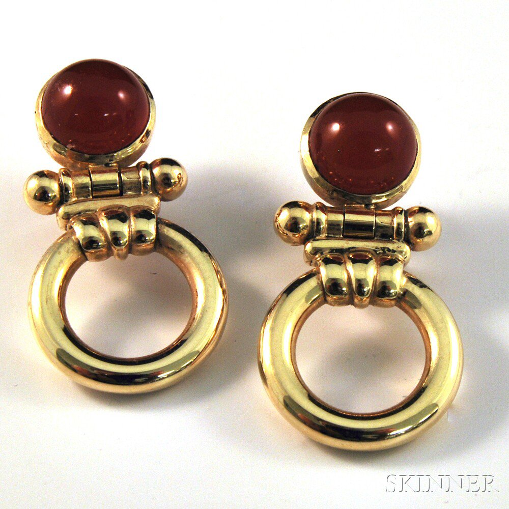 Appraisal: kt Gold and Carnelian Door Knocker Earpendants each earring set