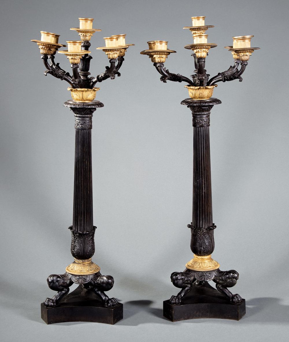 Appraisal: Pair of Louis Philippe Gilt and Patinated Bronze Six-Light Candelabra