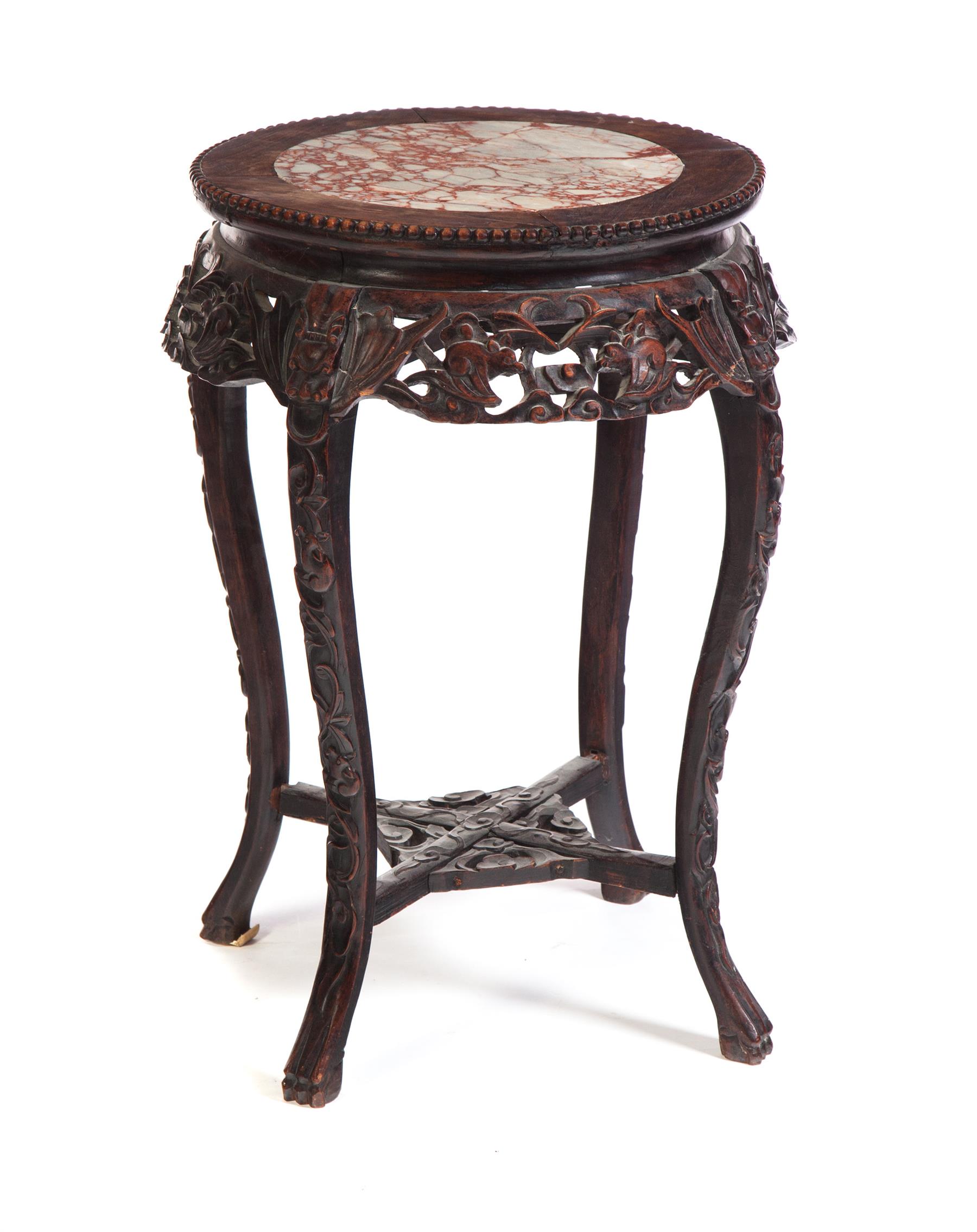 Appraisal: CARVED CHINESE FERN STAND WITH PINK MARBLE INSERT Circa teak