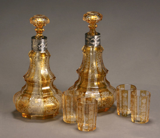 Appraisal: Pair of German Sterling Mounted Etched Clear and Amber Glass