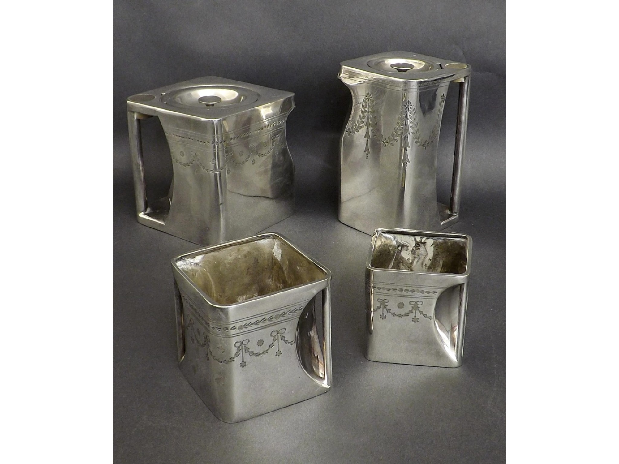 Appraisal: Cube Teapot of Leicester silver plated four piece tea service