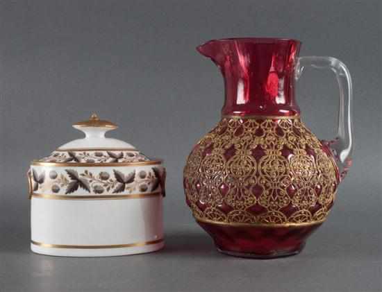 Appraisal: Continental ruby glass pitcher with applied handle and gilt-metal overlay