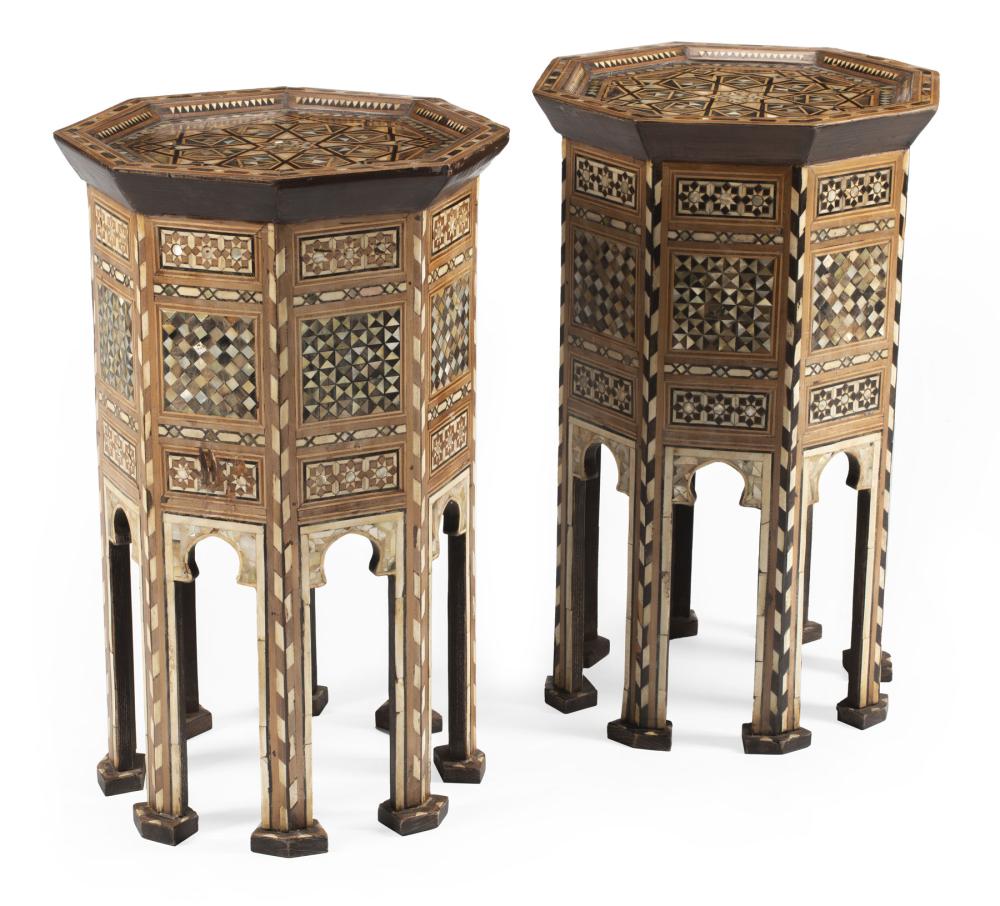 Appraisal: Pair of Moorish Inlaid Hardwood Tabouret Tables octagonal geometric motif