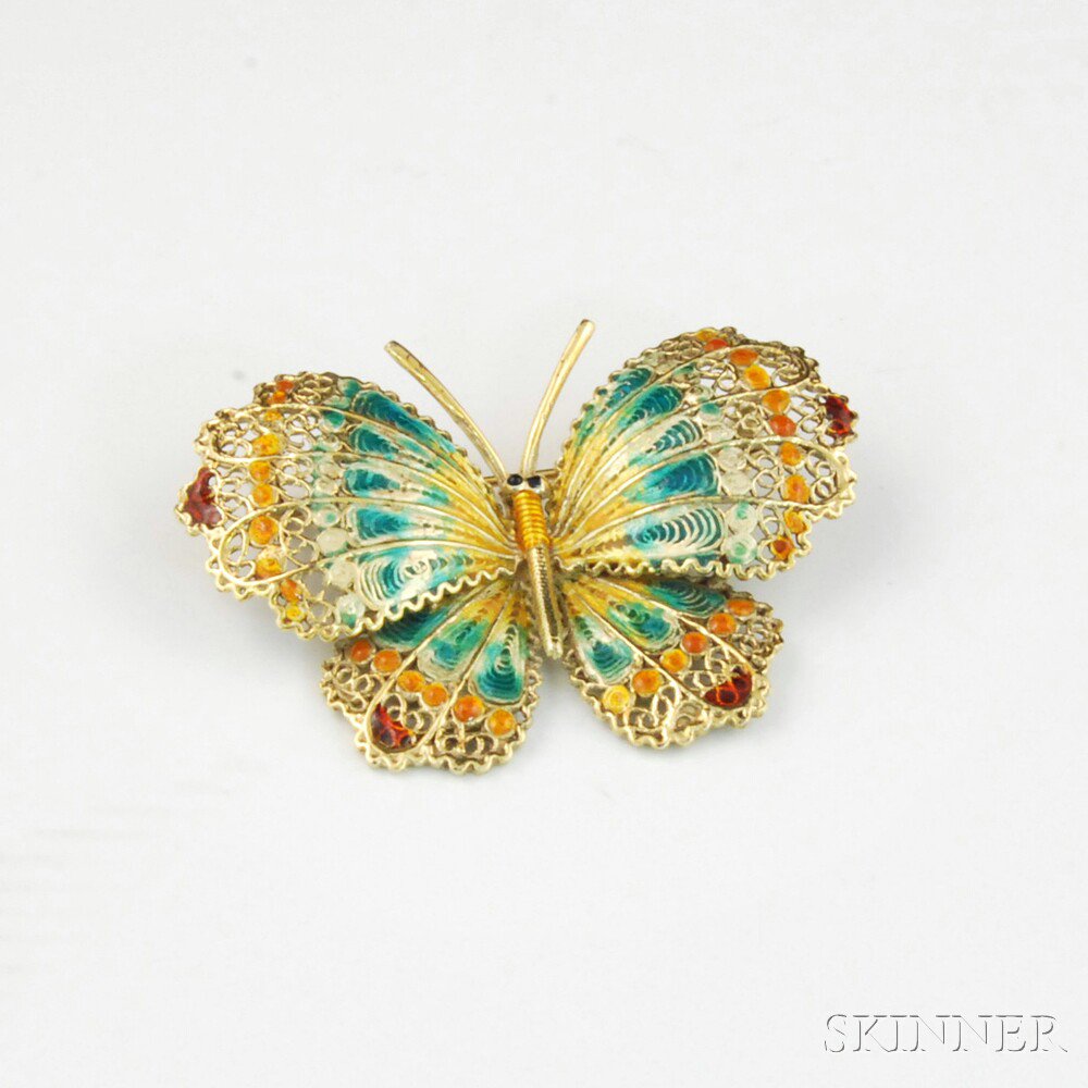 Appraisal: kt Gold Filigree and Polychrome Enamel Butterfly Brooch the butterfly