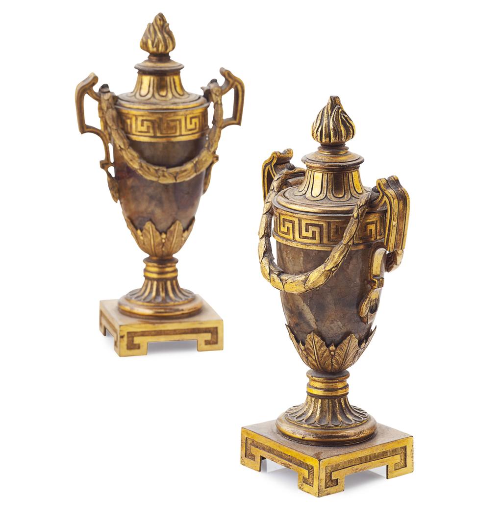 Appraisal: PAIR OF GEORGE III GILT BRONZE AND FELDSPAR CASSOLETTES IN