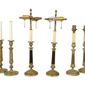 Appraisal: Three Pairs of Louis XVI Style Gilt Bronze Candlesticks Mounted