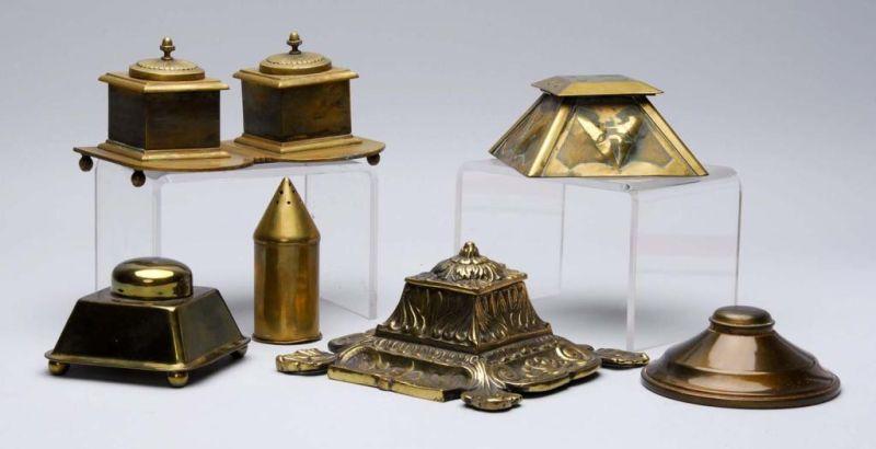 Appraisal: Lot of Brass Tinted Antique Inkwells Description First is a