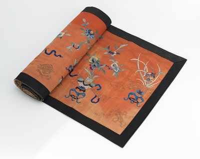 Appraisal: Chinese Embroidered Table Runner th Century Orange red silk with