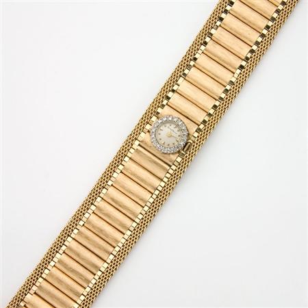 Appraisal: Wide Gold and Diamond Bracelet-Watch Baume Mercier Estimate -